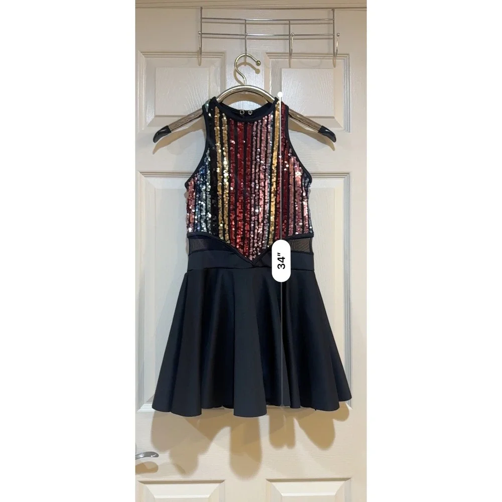 Kids Multi Color Sequin Dance Costume Dress‎ Black Skater Skirt Mesh Panel